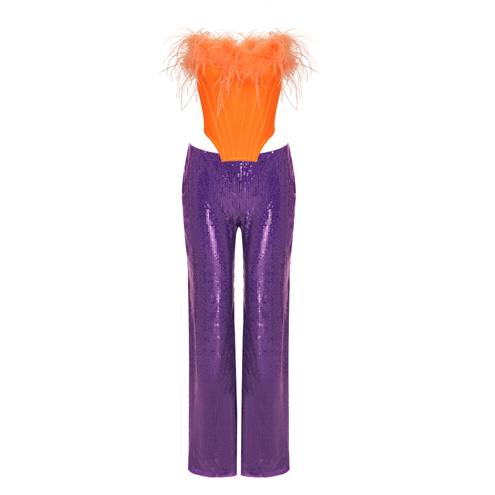 Damen elegantes Glitter-Cocktail-Outfit mit Federbesatz und weit geschnittenen Hosen EB
