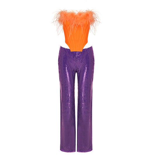 Damen elegantes Glitter-Cocktail-Outfit mit Federbesatz und weit geschnittenen Hosen EB