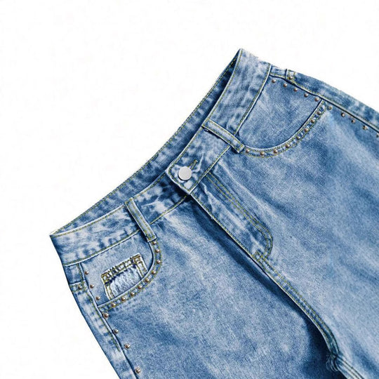 Damen Weite Denim-Jeans mit ausgefallenem Schnitt und dekorativen Knopfdetails EB