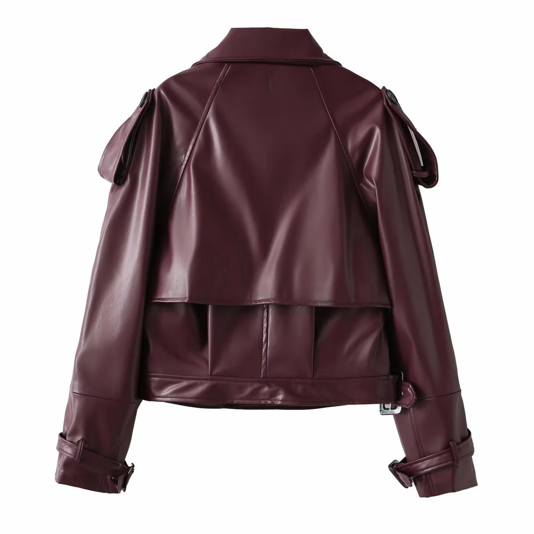 Damen coole cropped Kunstlederjacke mit asymmetrischem Kragen und modischem Design EB