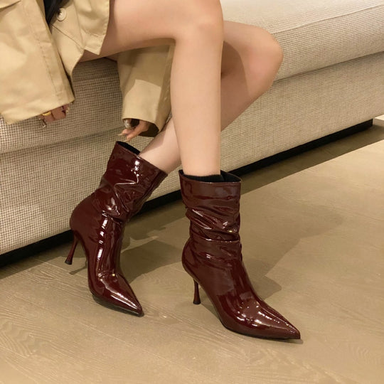Damen elegante Stiefeletten mit spitzem Zehenbereich und schickem Falten-Design EB
