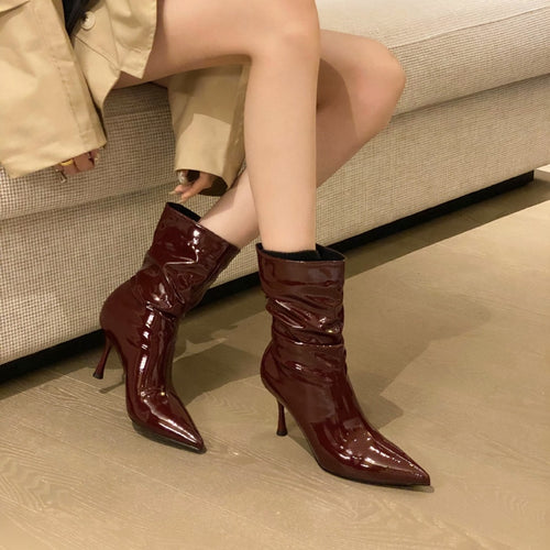 Damen elegante Stiefeletten mit spitzem Zehenbereich und schickem Falten-Design EB