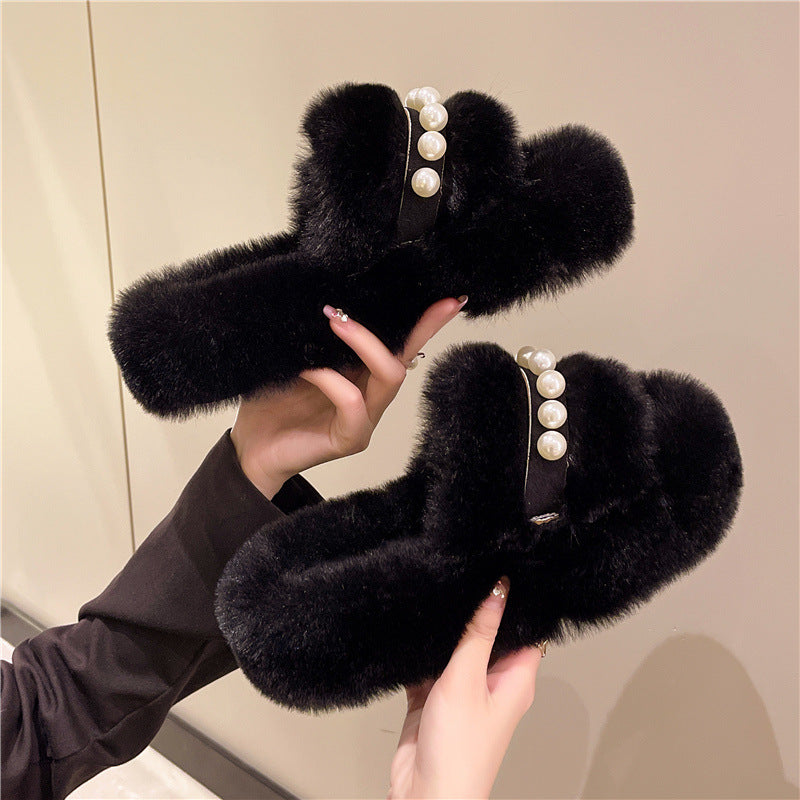 Damen Flauschige Hausschuhe mit eleganten Perlenakzenten EB