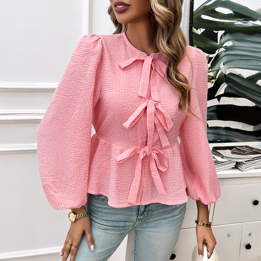 Damen nan geraffte Vichy-Bluse mit dekorativen Schleifenverschlüssen und Ballonärmeln EB
