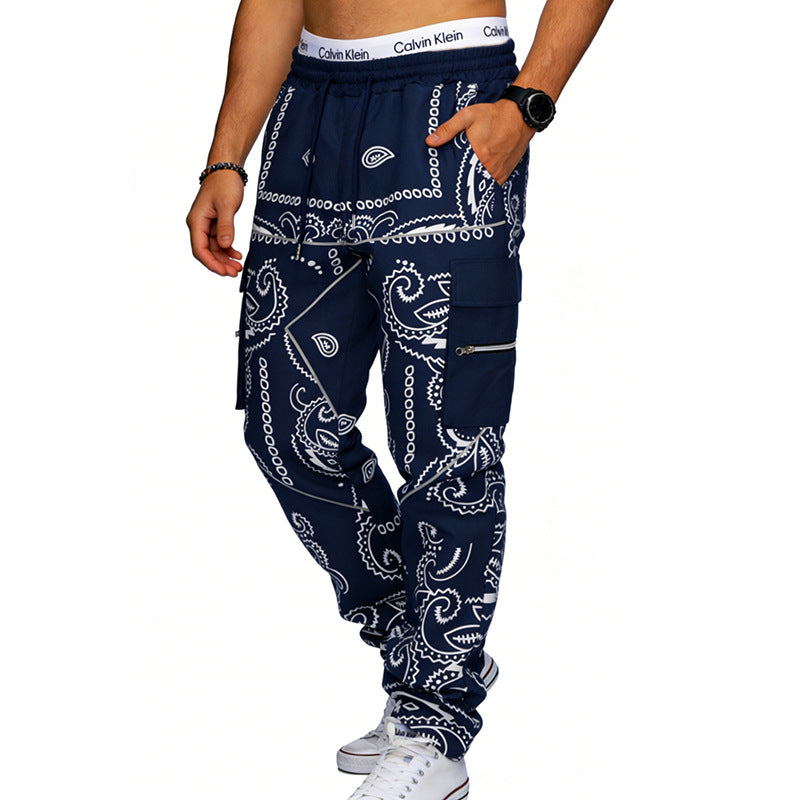 Herren nan Cargo-Jogginghose mit Paisley-Muster, elastischem Bund, multiple Reißverschluss- und Klappentaschen EB