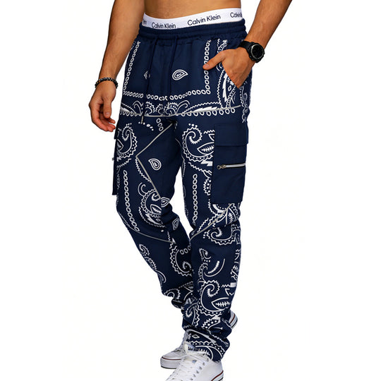 Herren nan Cargo-Jogginghose mit Paisley-Muster, elastischem Bund, multiple Reißverschluss- und Klappentaschen EB