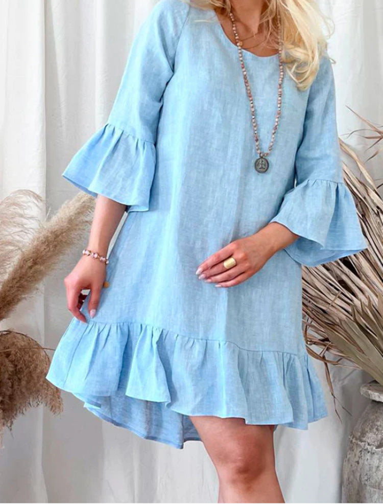 Damen Leichtes Leinenkleid mit Rüschendetails und weitem Schnitt EB
