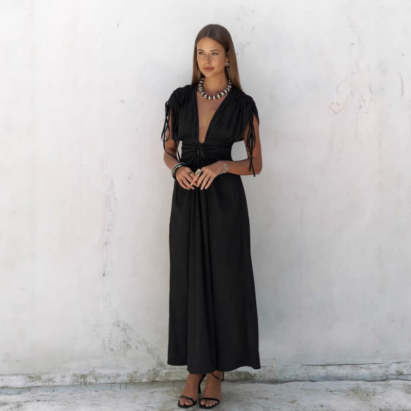 Damen elegante Maxi-Kleid mit raffiniertem Wickeldesign und tiefem V-Ausschnitt EB