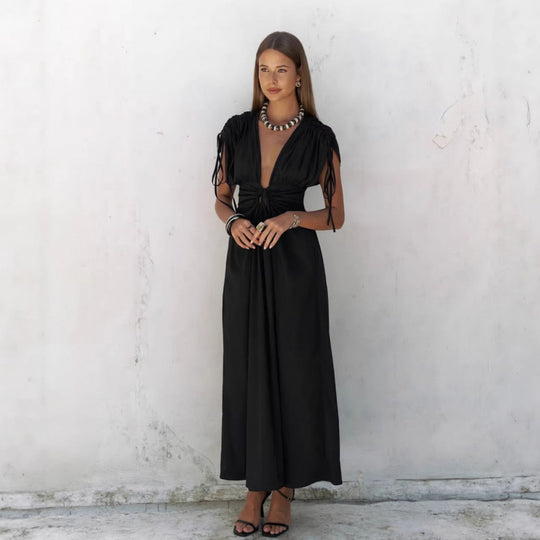 Damen elegante Maxi-Kleid mit raffiniertem Wickeldesign und tiefem V-Ausschnitt EB