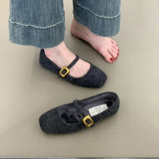 Damen elegante Filz-Ballerinas mit modischer Schnallenverzierung EB