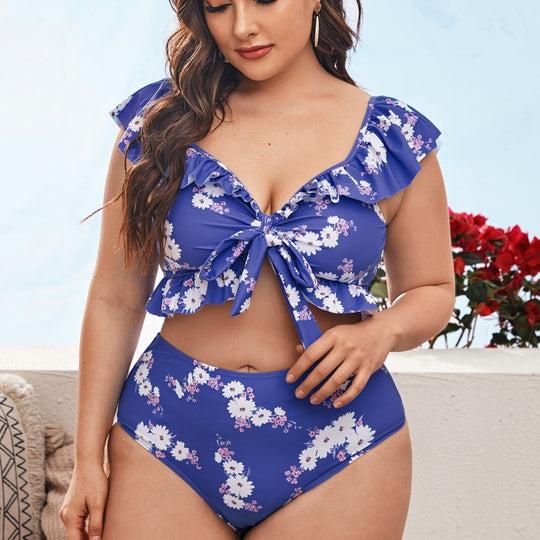 Damen Bikini-Set mit floralem Wickeloberteil und hohen Taillenhosen EB