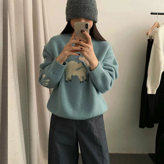 Damen kuscheliger Strickpullover mit aufwendigem Tiermotiv EB