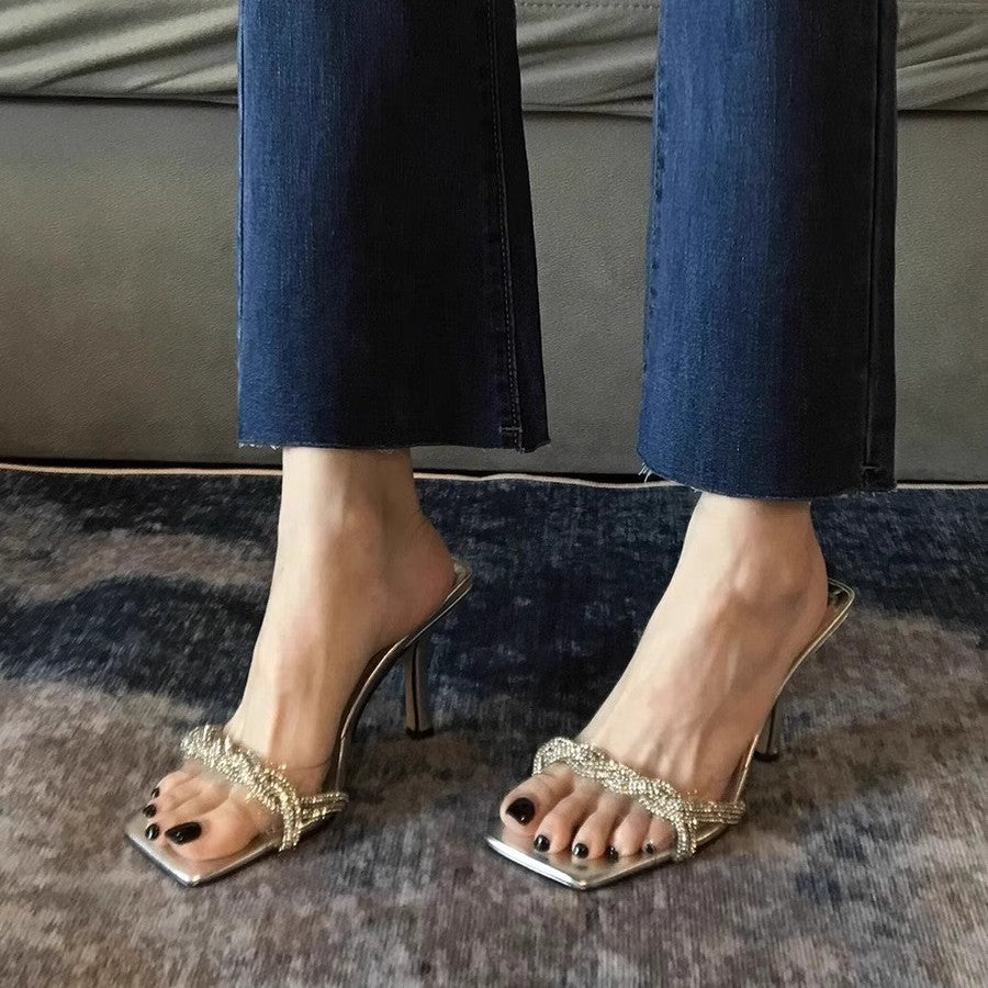 Damen elegante High Heel Sandalen mit funkelnden Strassverzierungen EB