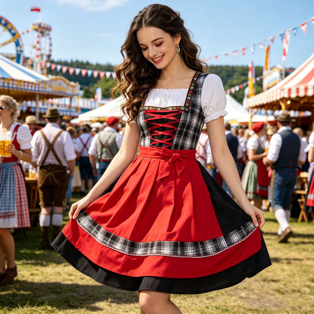Damen nan traditionelles Trachten-Dirndl mit Schnürleiste, A-Linie Rock und Schleifen-Schürze EB