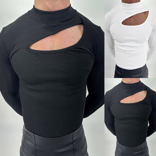 Damen nan eng anliegendes Langarm-Oberteil aus feinem Rippjersey mit asymmetrischem Schulter-Ausschnitt und hohem Kragen EB