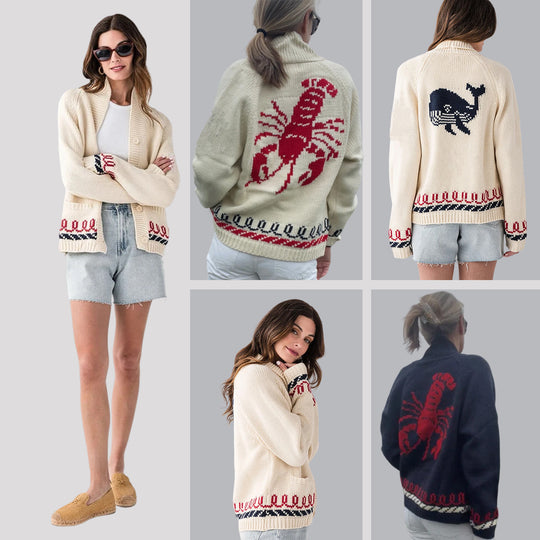 Damen Oversize Strickcardigan mit Walmotiv und nautischer Kontrastbordüre EB