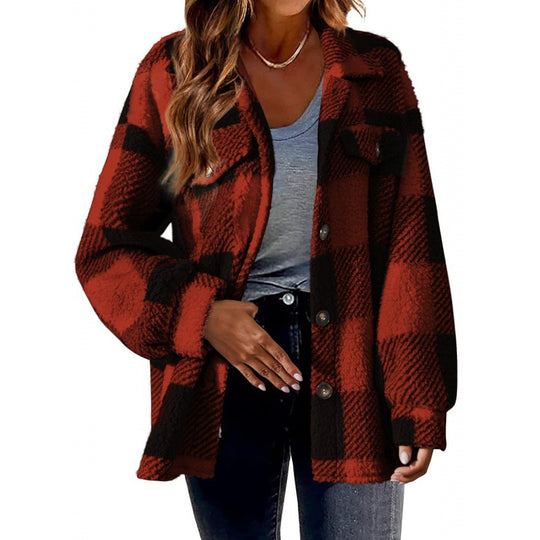 Damen Flauschige Karojacke mit Druckknopfverschluss und praktischen Taschen EB