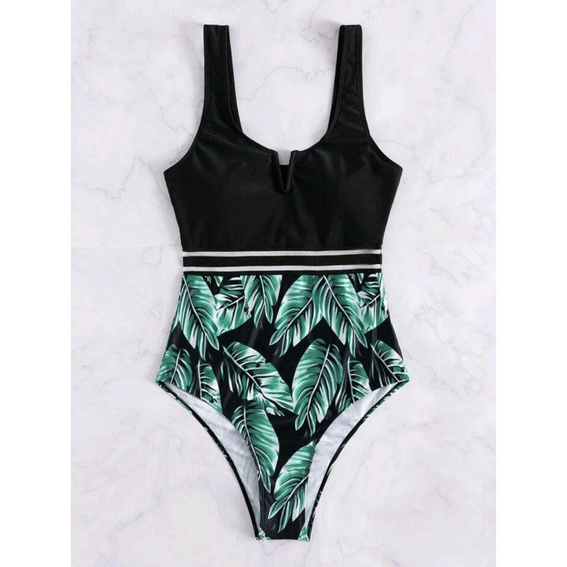 Damen Hochtaillierter Badeanzug mit V-Ausschnitt und Mesh-Details EB