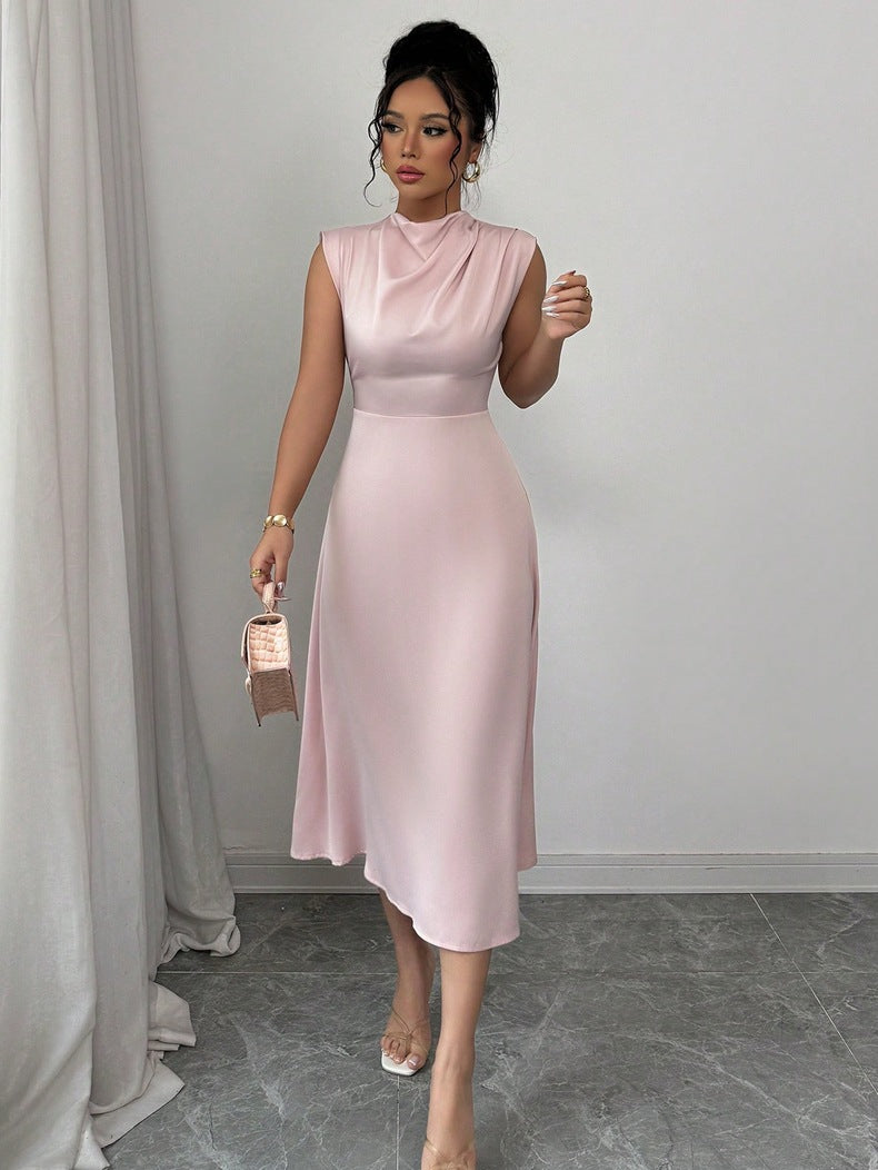 Damen elegantes ärmelloses Midi-Kleid mit drapiertem Ausschnitt EB