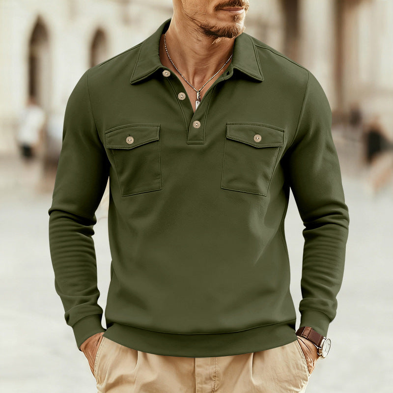 Herren nan figurbetontes Langarm-Poloshirt mit Hemdkragen und aufgesetzten Brustklappen EB