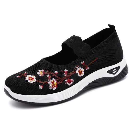 Damen nan bestickter gestrickter Slip-On Sneaker mit Mary-Jane Riemen und stoßdämpfender EVA-Sohle EB