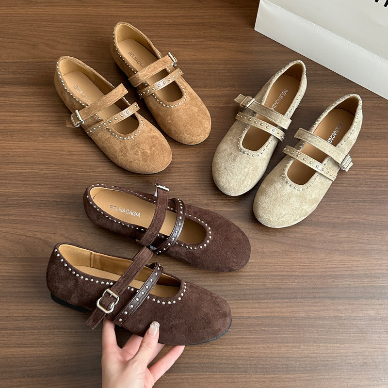 Damen Elegante Ballerinas mit dekorativen Schnallen und weichem Wildleder EB
