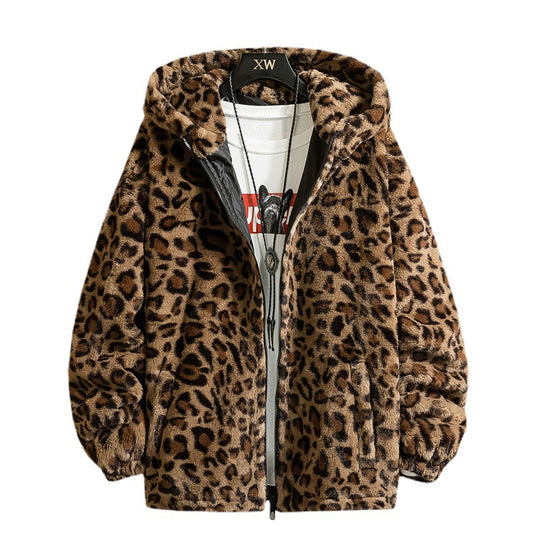 Damen kuschelige Fleecejacke mit Leopardenmuster und Kapuze EB