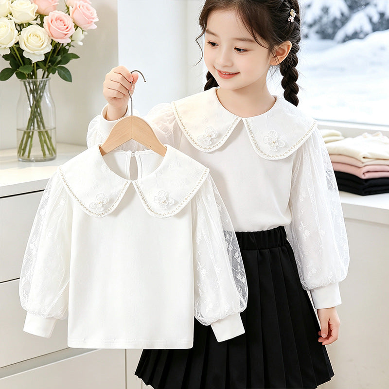 Mädchen Bluse mit elegantem Tüllkragen und floralen Applikationen EB