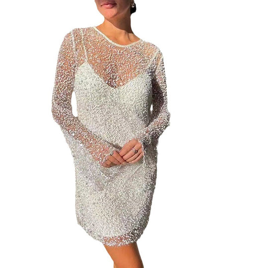 Damen Glitzerndes Cocktailkleid mit schimmernden Pailletten und langen Ärmeln EB