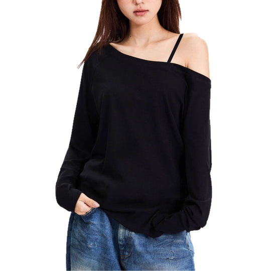Damen nan asymmetrisches Off-Shoulder Langarmshirt aus Baumwollstretch mit lässigem Oversize-Schnitt EB
