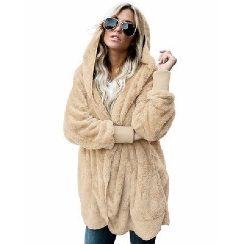 Damen Oversize Teddy‑Fleece‑Mantel mit offener Front, Eingrifftaschen und Rippbündchen EB