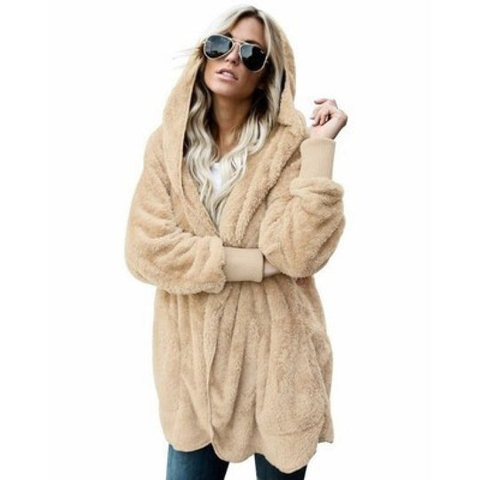 Damen Oversize Teddy‑Fleece‑Mantel mit offener Front, Eingrifftaschen und Rippbündchen EB