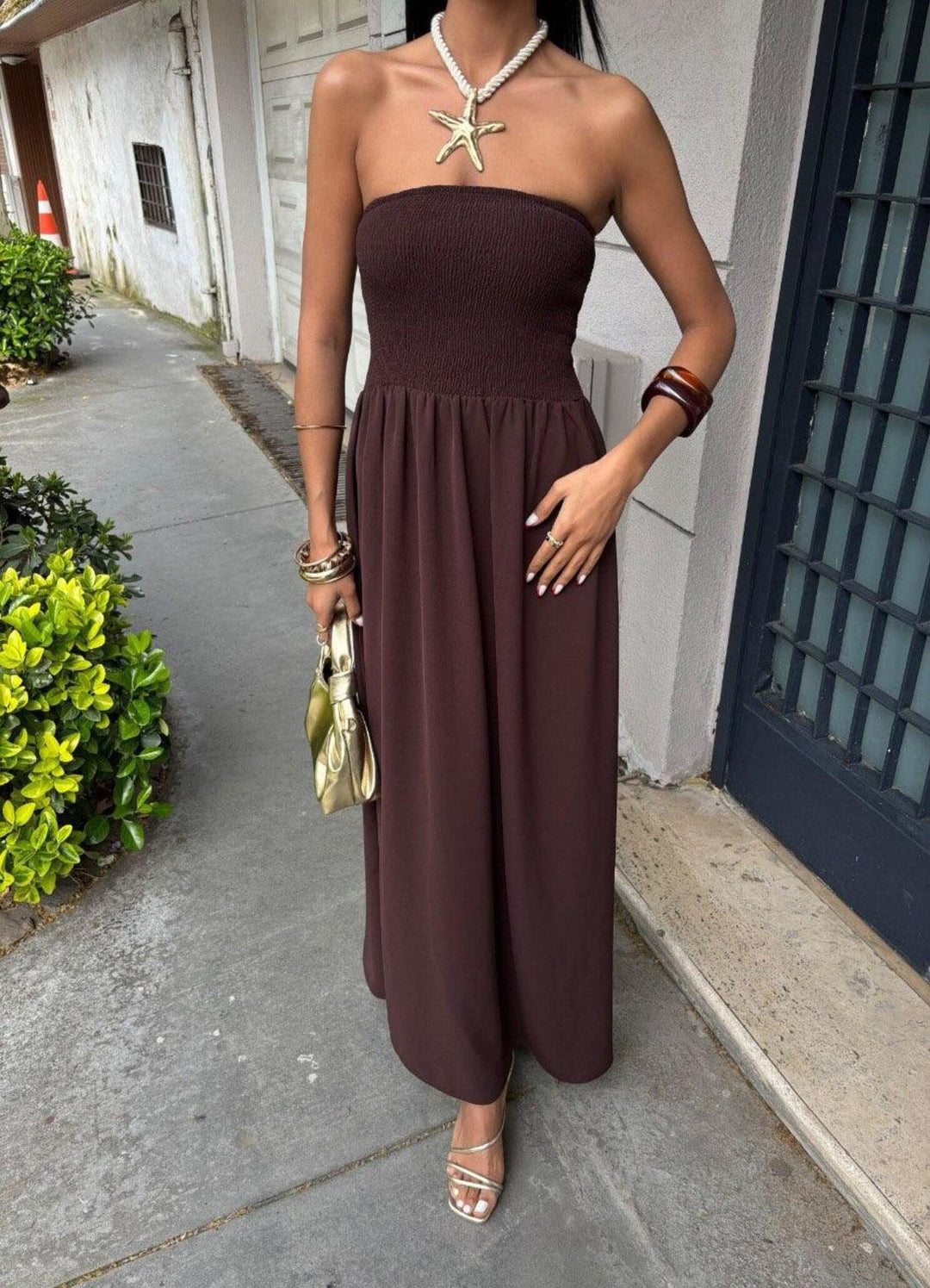 Damen elegantes Maxikleid mit schulterfreiem Design und elastischem Tailleneinsatz EB