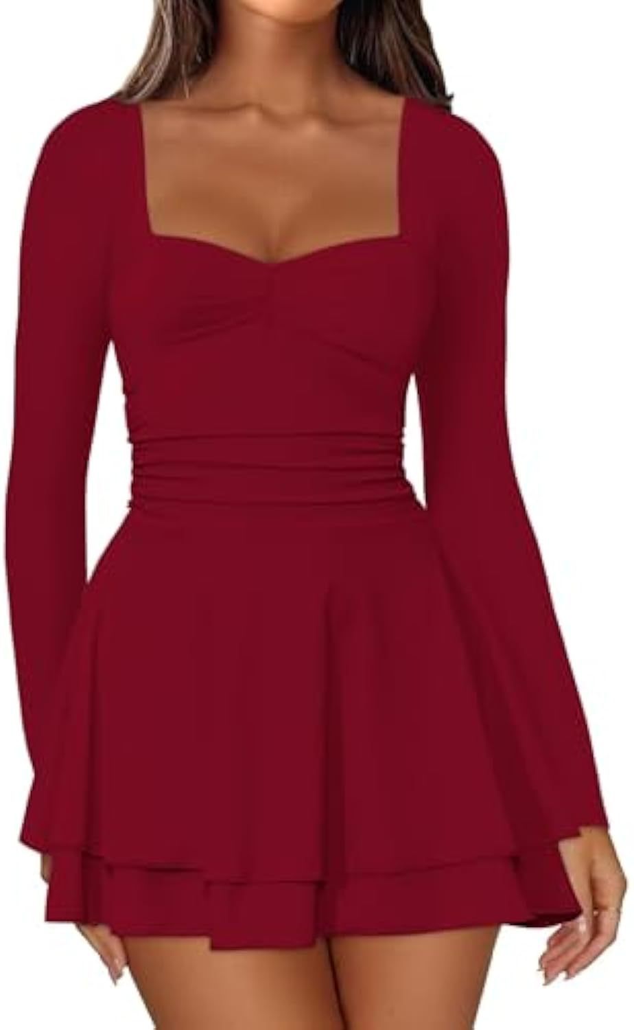 Damen Langarm-Minikleid mit quadratischem Ausschnitt, taillierter Raffung und zweilagigem Volantrock EB