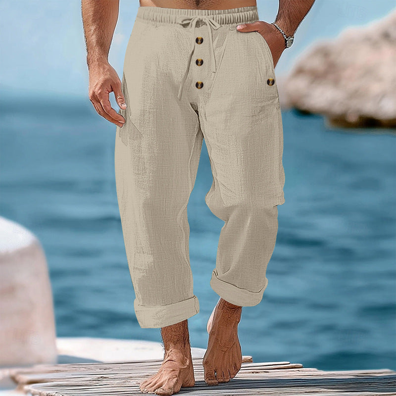 Herren nan lässige atmungsaktive Leinenhose mit Kordelzug Knopfleiste und aufgerollten Bündchen EB