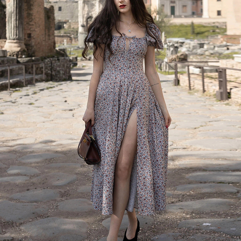 Damen Maxi-Kleid mit Puffärmeln und floralem Design EB