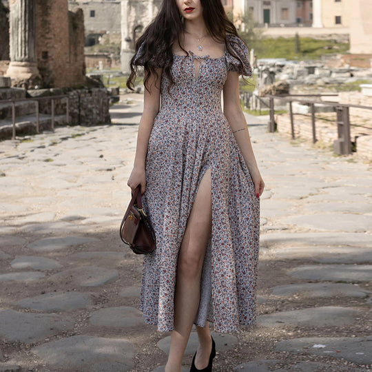 Damen Maxi-Kleid mit Puffärmeln und floralem Design EB