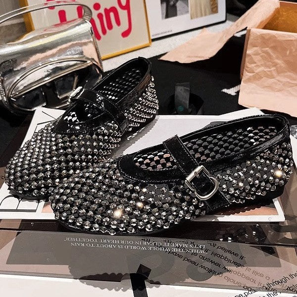 Damen Ballerinas mit elegantem Strassbesatz und verstellbarem Riemchen EB
