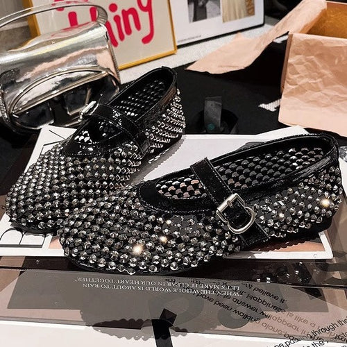 Damen Ballerinas mit elegantem Strassbesatz und verstellbarem Riemchen EB