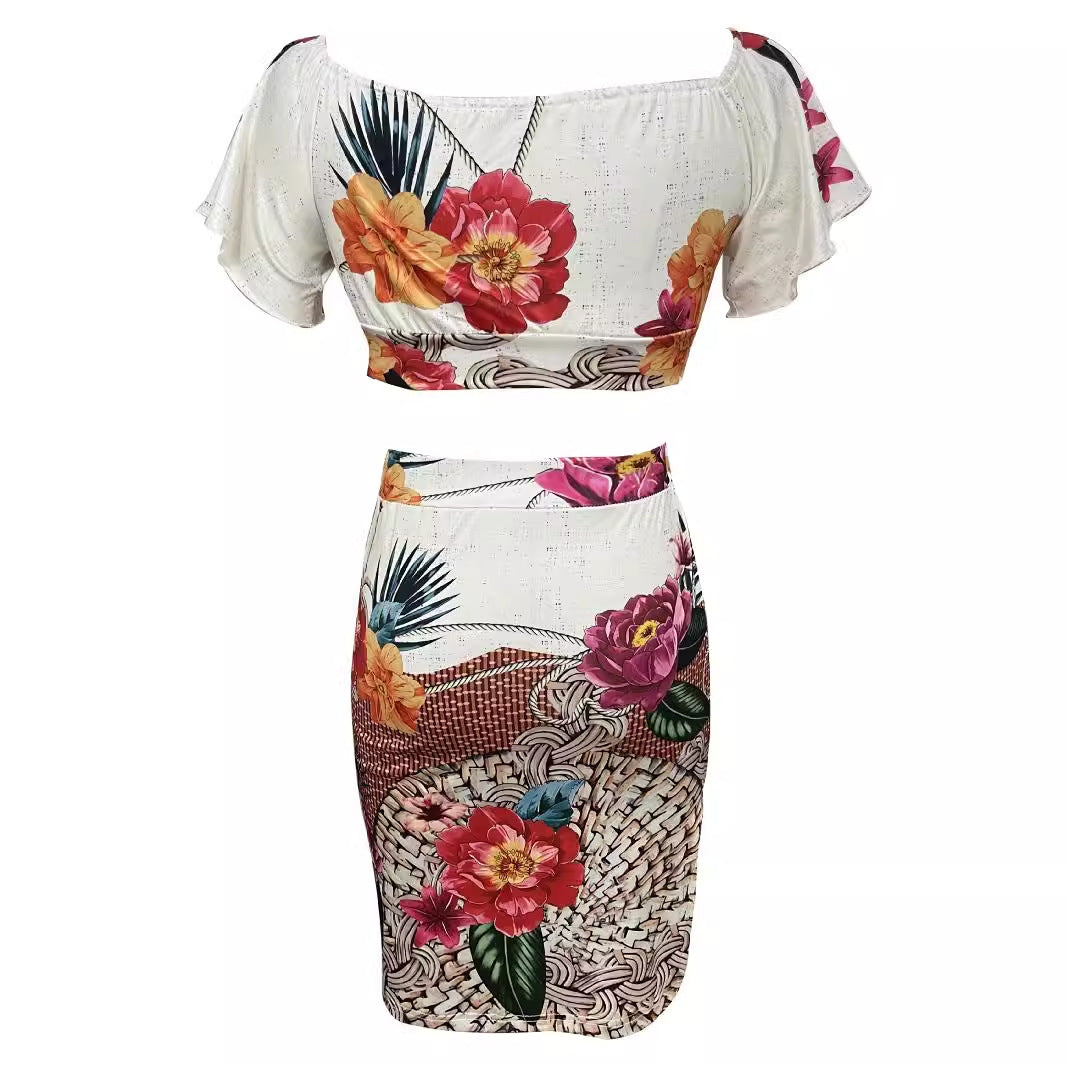 Damen Zweiteiliges Sommer-Outfit mit floralem Design und Raffung EB