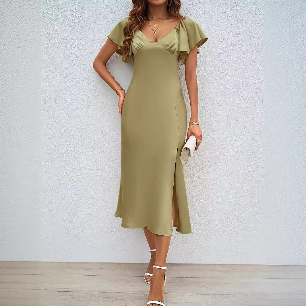 Damen Maxikleid mit eleganten Puffärmeln und seitlichem Schlitz EB