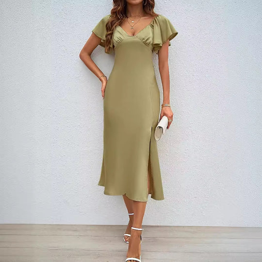 Damen Maxikleid mit eleganten Puffärmeln und seitlichem Schlitz EB