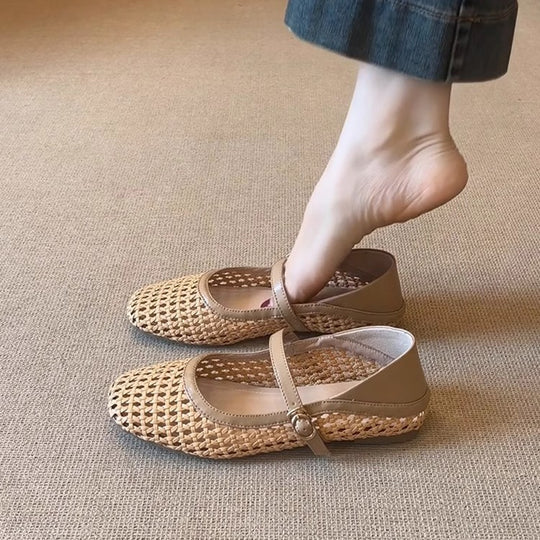 Damen atmungsaktive Kunstleder-Ballerinas mit geflochtenem Design EB