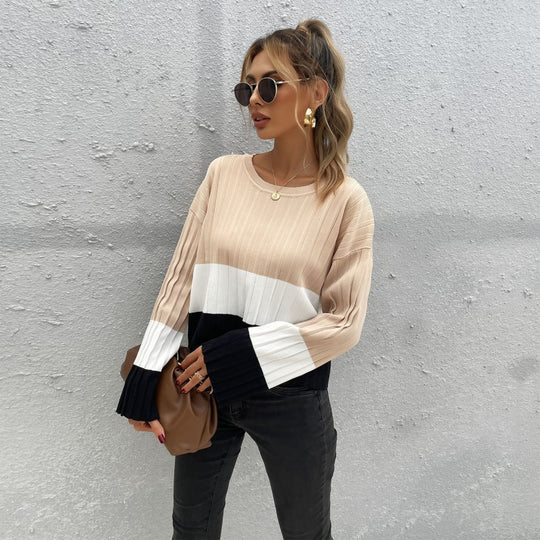 Damen Strickpullover mit modischem Blockstreifen-Design und weiten Ärmeln EB