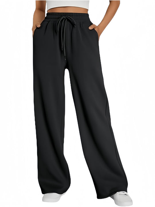 Damen nan Palazzo-Loungehose mit hoher Taille, elastischem Bund, Kordelzug und tiefen Seitentaschen EB