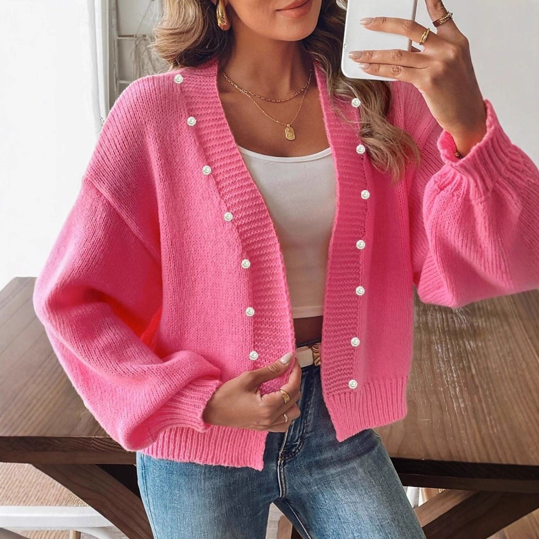 Damen Strickjacke mit geschmackvollen Perlenakzenten und weitem Schnitt EB