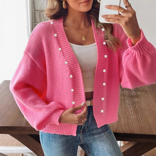 Damen Strickjacke mit geschmackvollen Perlenakzenten und weitem Schnitt EB