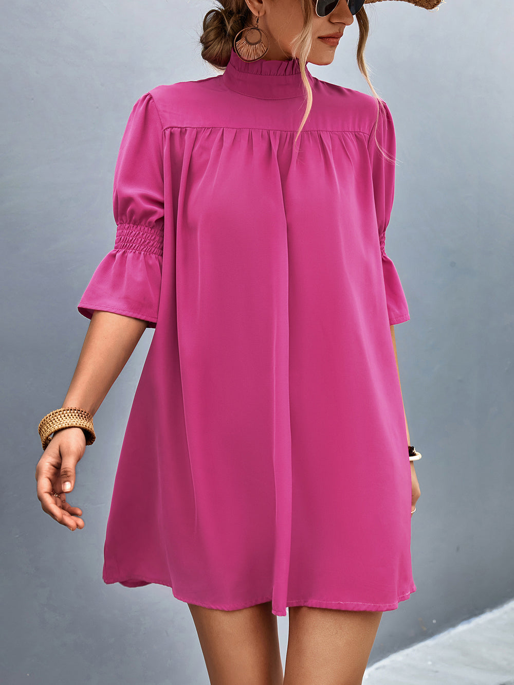 Damen Feierliches Kurzarmkleid mit Stehkragen und luftigen Ärmeln EB