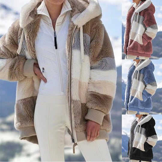 Damen nan oversized gefütterte Kunstfelljacke mit Kapuze, Blockstreifen und gerippten Bündchen EB