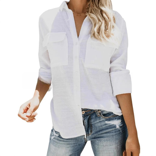 Damen leichte Sommerbluse mit zwei Brusttaschen und aufgerollten Ärmeln EB